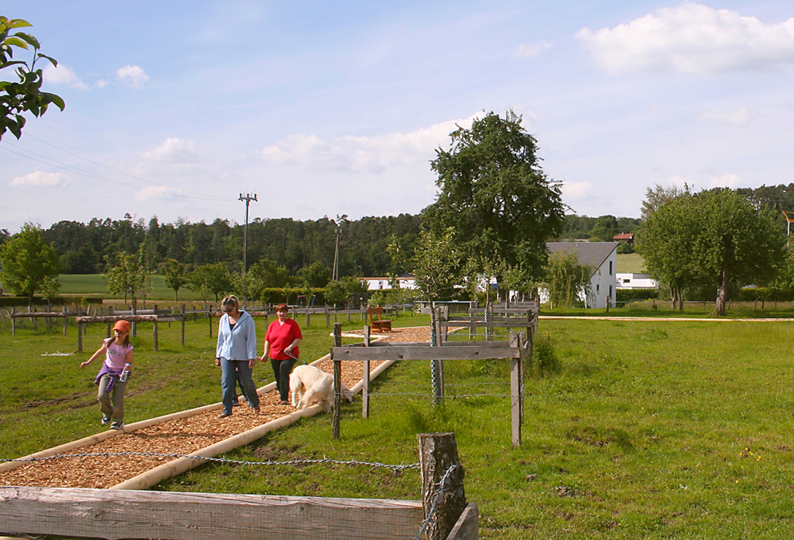 Personnes marchant sur un sentier tracé dans la campagne