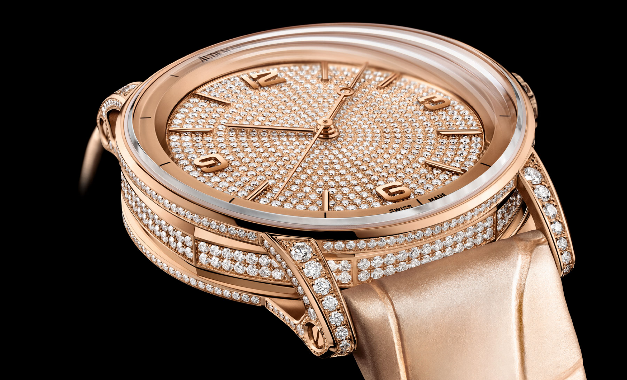 Close up of a Code 11.59 by Audemars Piguet case and bracelet.