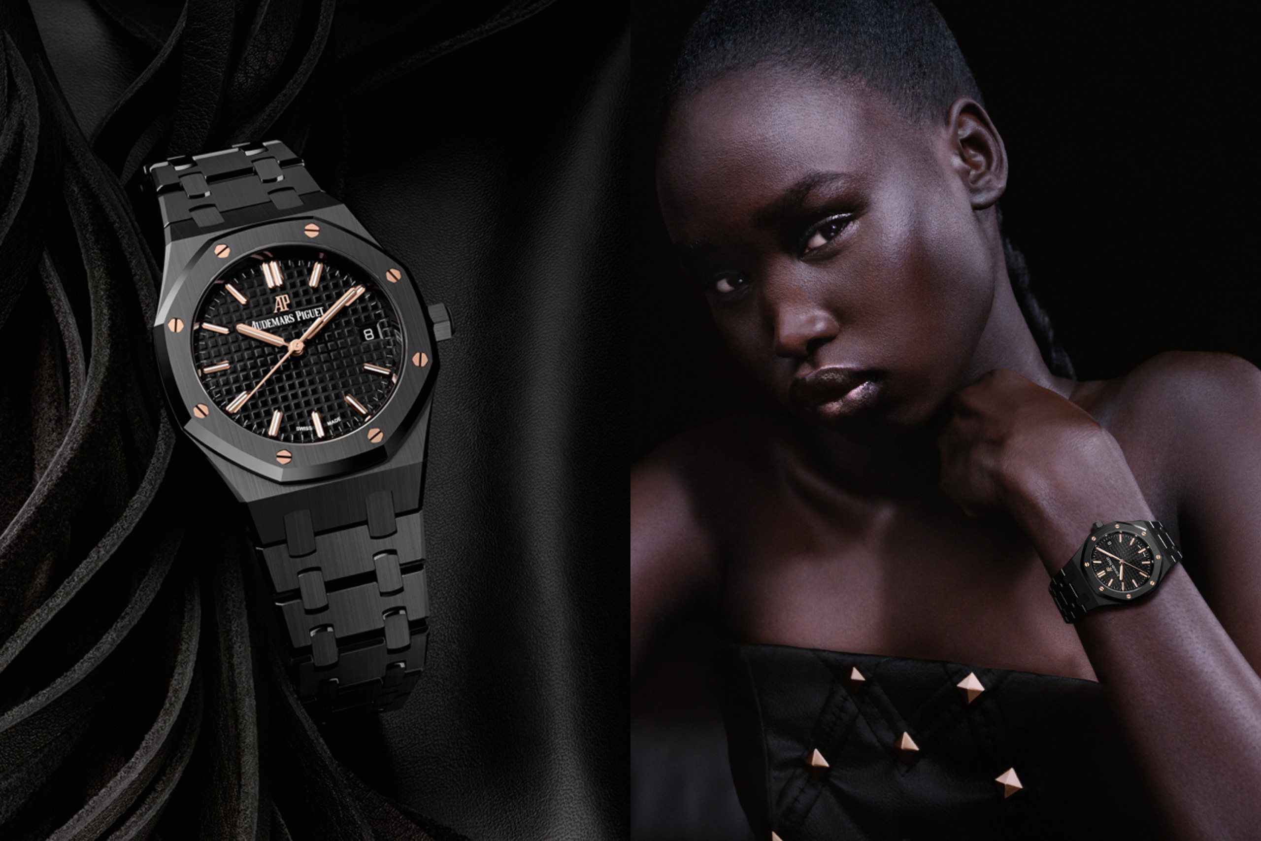 Composition of a close up shoot and a portrait of a model wearing a Royal Oak Selfwinding