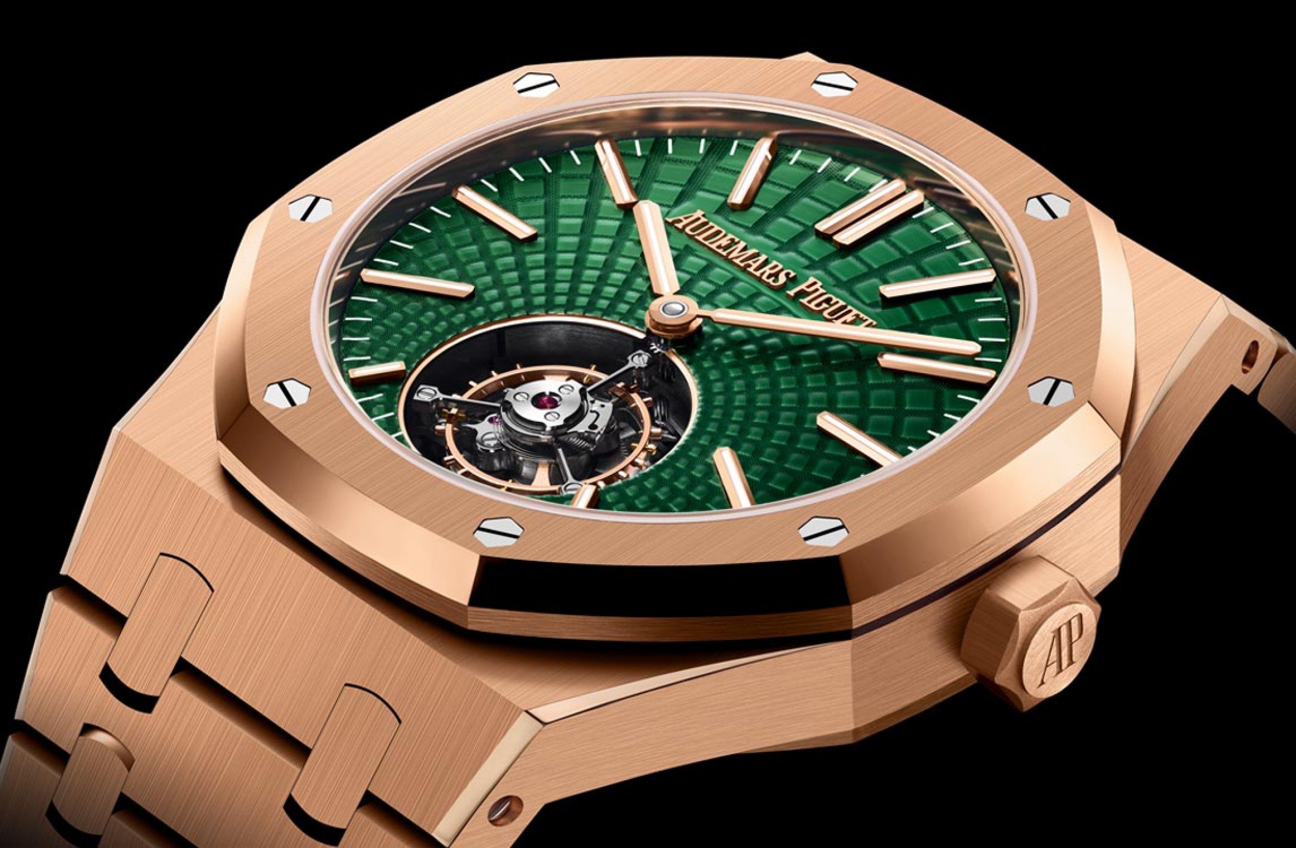 Nahaufnahme eines Automatik-Chronographen Royal Oak mit fliegendem Tourbillon.