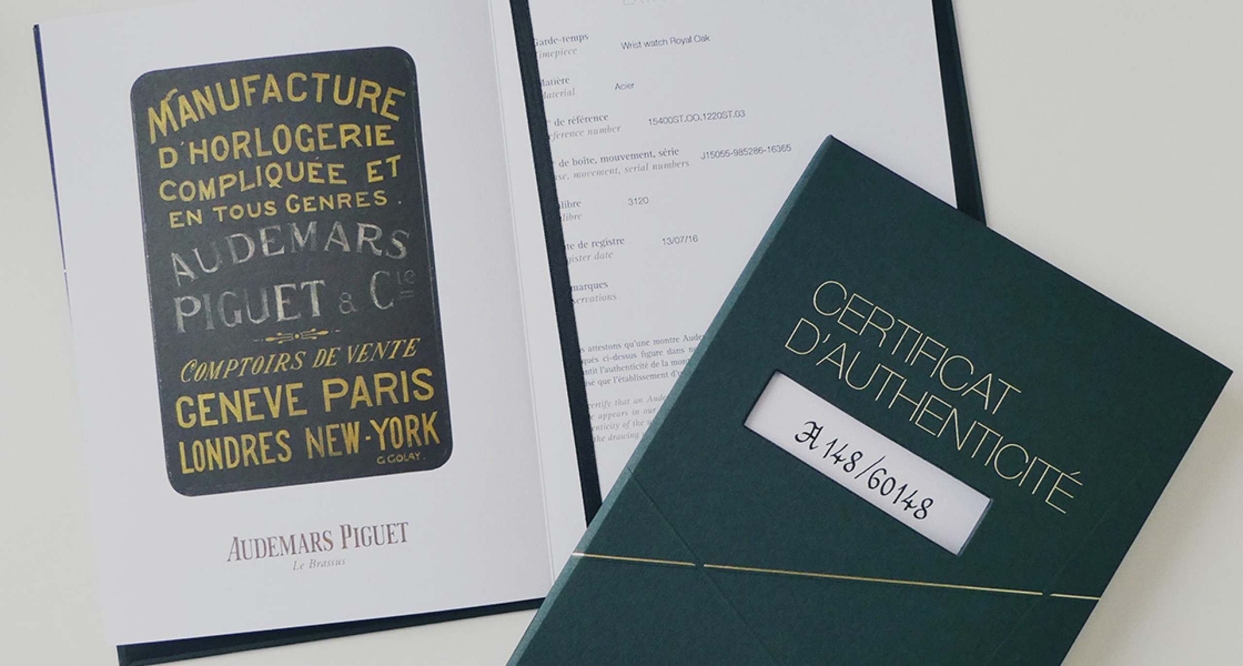 Documents de certification d'authenticité Audemars Piguet.