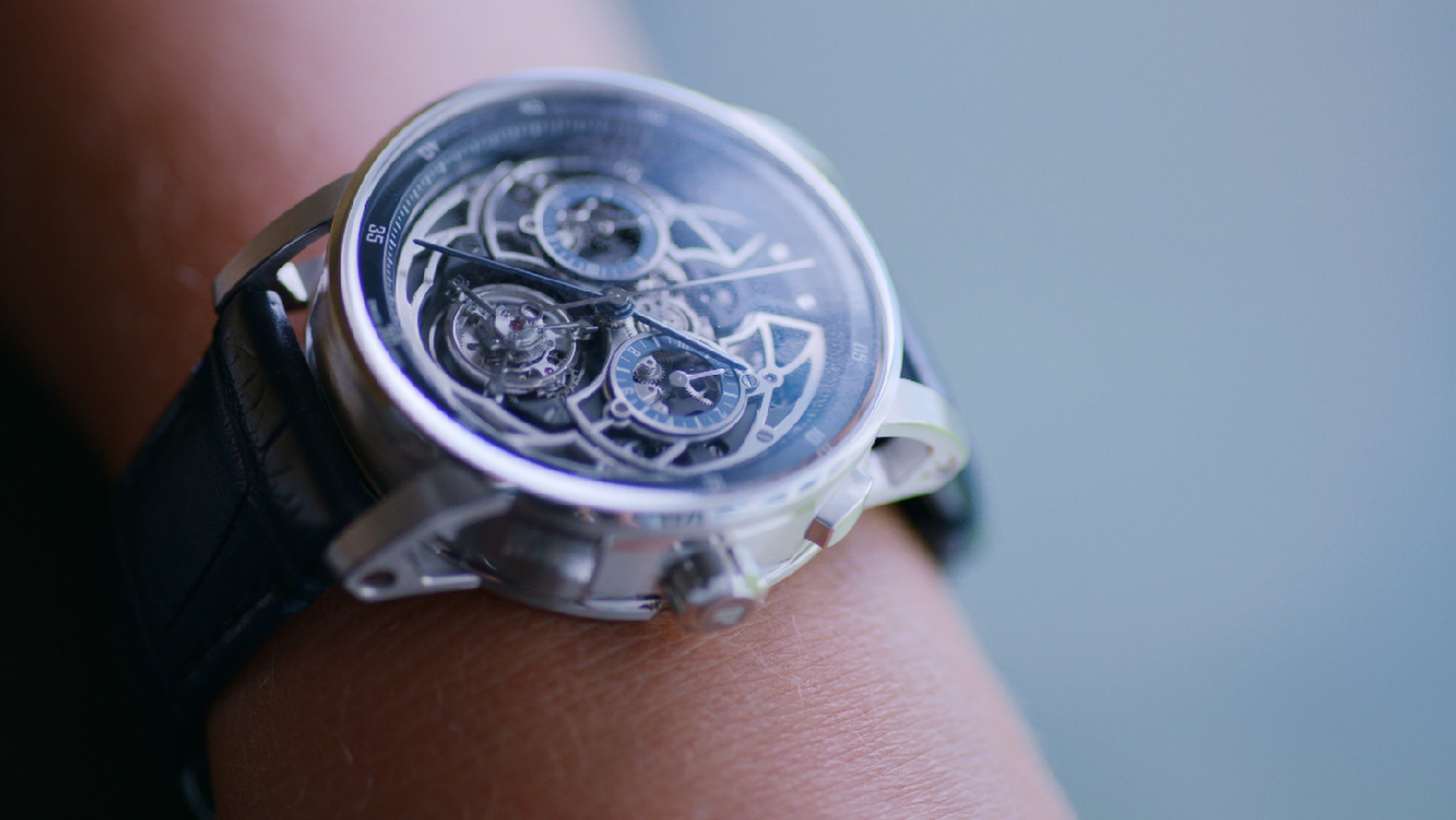 Close up of a Code 11.59 by Audemars Piguet Selfwinding Flying Tourbillon Chronograph watch.