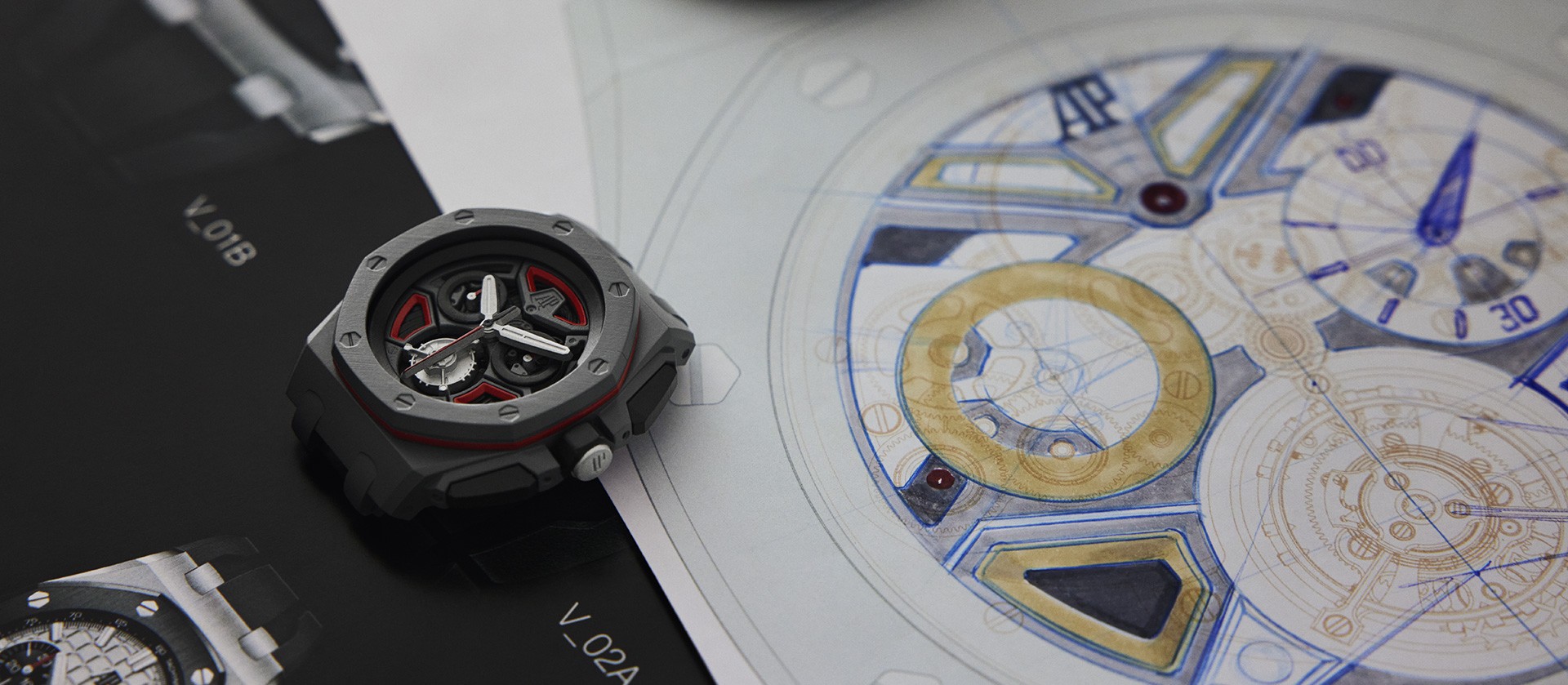 A designer sketching a Royal Oak Offshore watch.