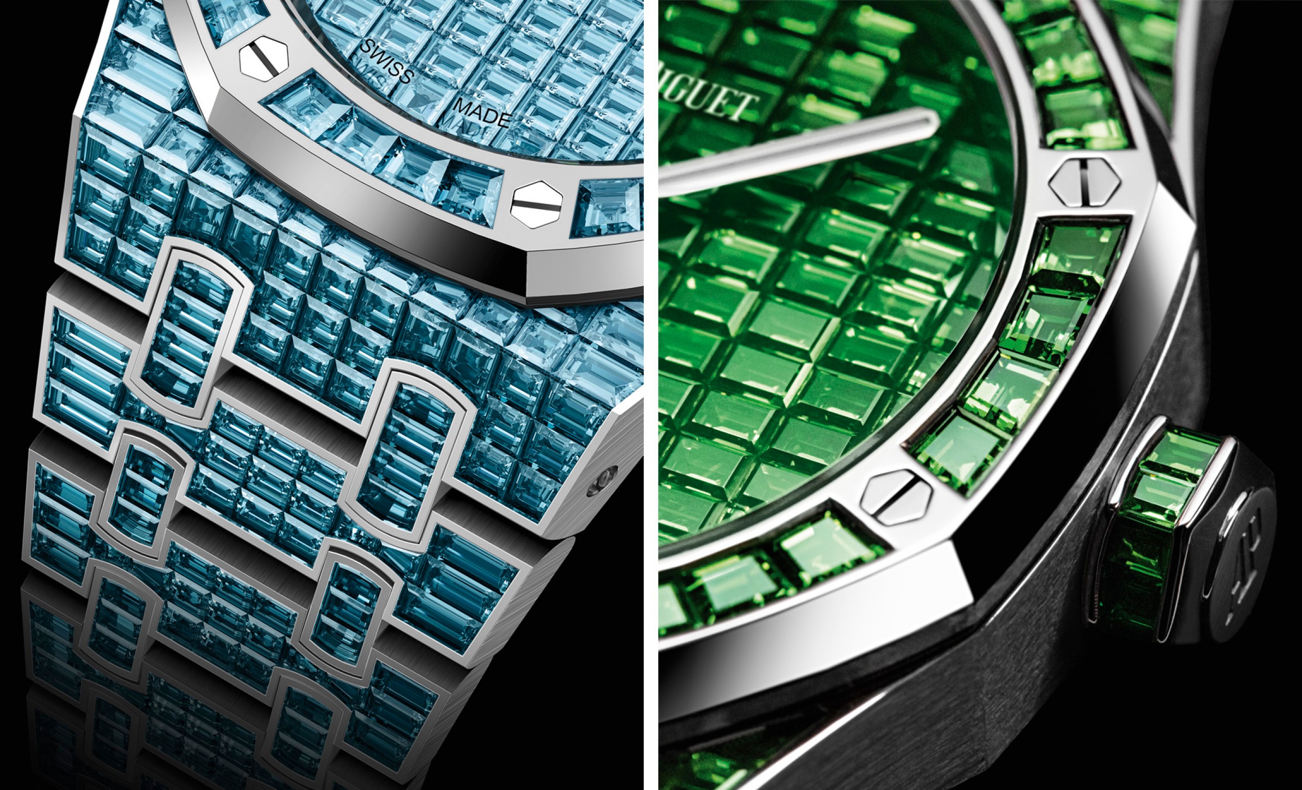 Primo piano di un cinturino Royal Oak con pavè di pietre di topazio blu. / Primo piano di una cassa Royal Oak icon pavè di pietre di tsavorite blu.